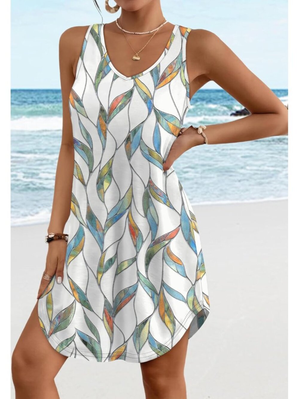 Women's Summer Dress Leaf V Neck Sleeveless Dress Sundresses Swimsuit Coverup - Picture 2 of 5